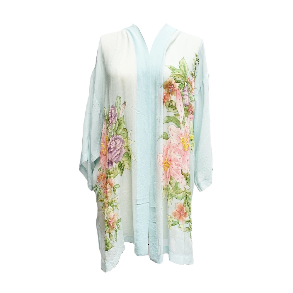 Drapers & Damon’s pastel hand beaded %100 silk Floral Sheer Kimono duster